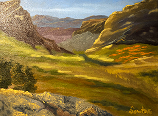 Painting of Rocks and field with Mountains in the Background