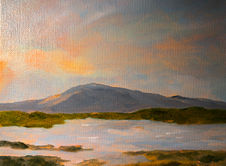 Painting of a Lake with Mountain and Sky in the Background