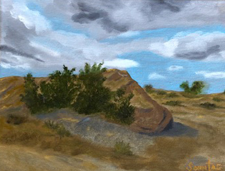Painting of a Rock Formation with Trees and a Partially Cloudy Sky