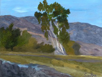 Painting of a Leaning Tree in a Field with Mountains in the Background