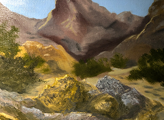Painting of Mountain, Bushes and Rocks