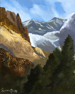 A Painting of Mountains with Trees, Distant Mountains Covered in Snow with Partially Cloudy Skies