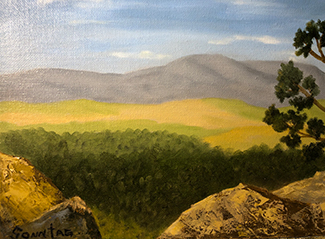 Painting of Field with Rocks and Mountains in the Background