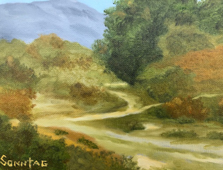Painting of a Pathway with Trees and a Mountain in the Distance