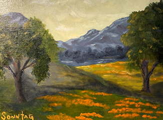 Painting with Field of Poppies with Trees and Mountains