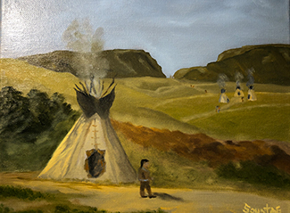 Painting of Teepees and Native American