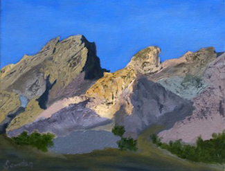 A Painting of Vazquez Rocks in Sunlight and Shadows on a Blue Sky